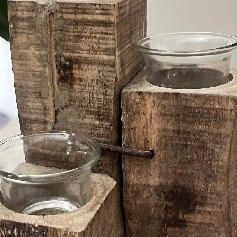 Rustic Square Wood Glass Tealight Holder 10.5